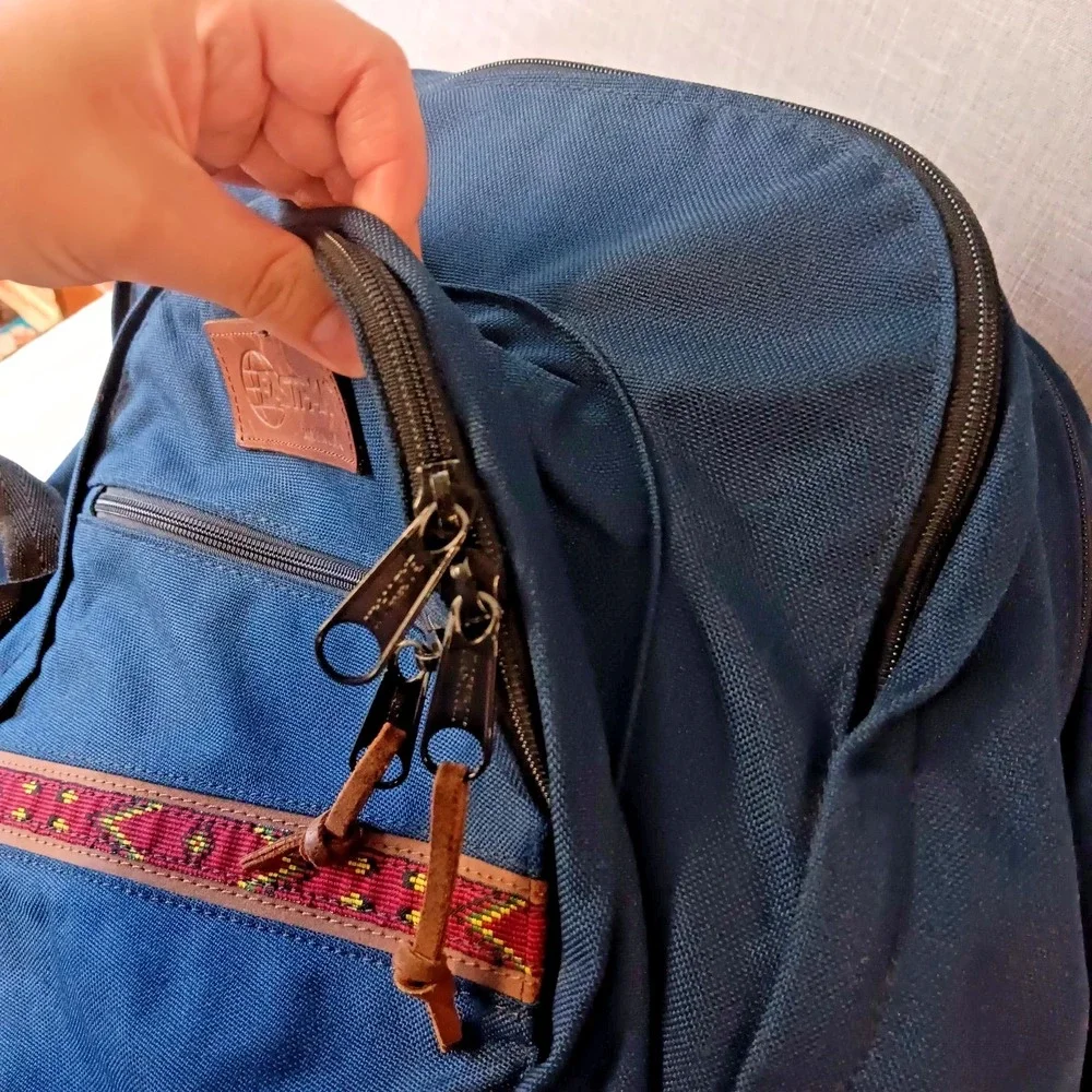 Vintage 90s Eastpak Suede Leather Bottom Blue Aztec Made In USA School Hiking